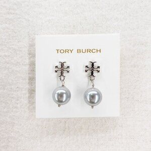 Tory Burch Faux Pearl Logo Drop Earrings Silver OS